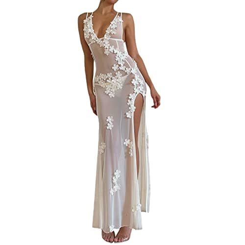 Image of FeMereina Women Sleeveless Sheer Mesh Maxi Dress Summer V Neck 3D Flower Slit Party Dress See-Through Backless Chiffon Long Dress Beach Cover-ups (White, M)