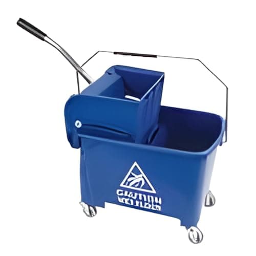 Image of 20L Mop Bucket With Wringer & Wheels - Professional Grade Lightweight Plastic Floor Cleaning Bucket - Integrated Caution Wet Floor Sign - Ideal for Home or Office (Blue)