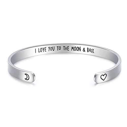 Image of CERSLIMO Friendship Bracelet for Women - Inspirational & Motivational Cuff Bangle for Sister, Mother, Teacher Gifts - Moon & Back Silver