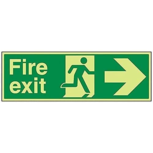 Image of V Safety Glow In The Dark Fire Exit Arrow Right Sign - 600mm x 200mm - Rigid Plastic