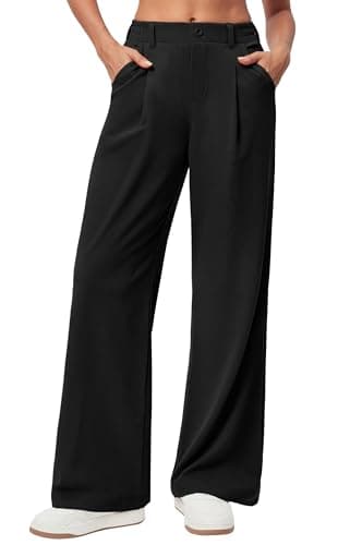 Image of Ewedoos Wide Leg Trousers for Women Stretch Ladies Work Palazzo Trousers with Pockets High Elasticated Waist Yoga Pants Business Casual Black