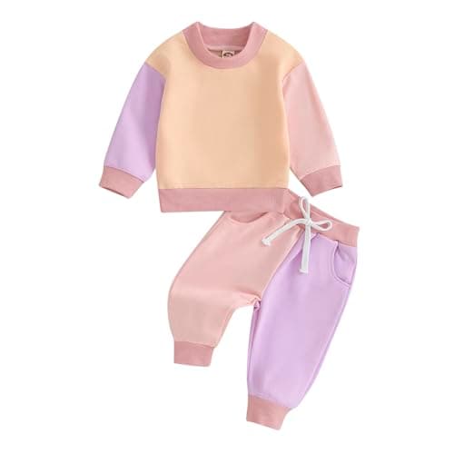 Image of Eqenkely Toddler Baby Girl Clothes Outfits Cute Color Block Long Sleeve Sweatshirt Tops + Pants Tracksuit Sets 2Pcs for 0-3 Years Pink 6-12 Months