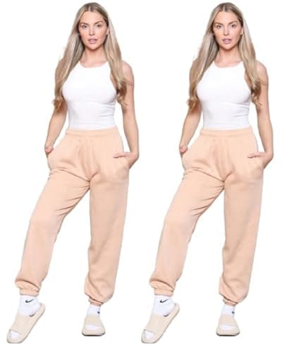 Image of Towelbay 2 Pcs Womens Ladies Jogging Bottoms Loose Joggers Sweatpants Trousers Pockets Casual Jog Pants Sports Gym Yoga Joggers UK Sizes 6-14 (Nude, L (12))