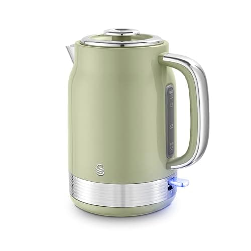 Image of Swan SK19025GRN Retro Jug Kettle, Rapid Boil, Removable Limescale Filter, Easy Pour, 360 Degree Base, Water Indicator Window and Boil Dry Protection 1.7L, 3KW, Green and Stainless Steel
