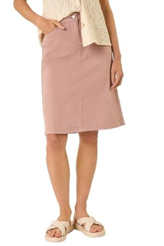 Image of Roman Originals Denim Skirt with Pockets for Women UK - Ladies Jean Skirts Cotton Stretch Mid Wash Fitted A Line Casual Smart Work Office Knee Length Flattering Slimming - Rose - Size 10