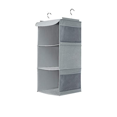 Image of BrilliantJo Hanging Storage with 3 Shelves Wardrobe Closet Organiser, Storage Shelves Unit with 4 Pockets for Clothes Bag Shoes - Grey(30 x 30 x 60cm)