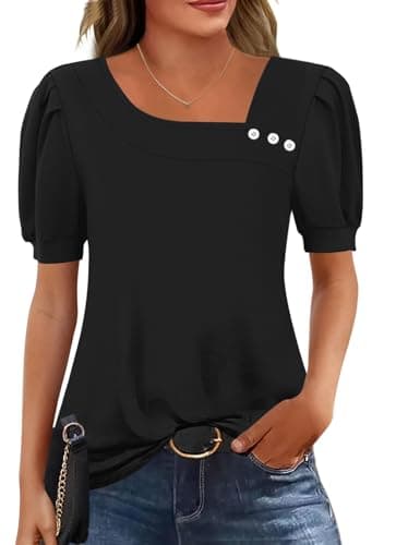 Image of Rapbin Ladies Tops Puff Short Sleeve Blouses Elegant Asymmetrical Neck Tunic Buttons Shirt Ladies Summer Ladies Tops for Leggings Black XL