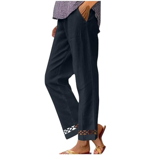 Image of NSICBMNO Wide Leg Trousers, Womens Linen Trousers Straight Leg Joggers Lightweight Summer Elasticated Waist Bottoms Loose Lounge Pants Hollow Out Yoga Pants, Navy