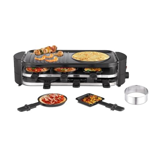 Image of 8 Person Raclette Grill and Mini Pizza Maker Oven – Non-Stick with 8 Pans and Pizza Cutter 1600W