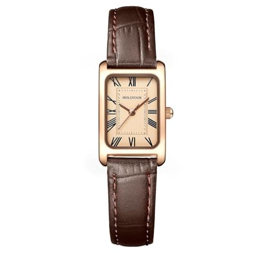 Image of HOLSTOUR Women for Watch Fine Leather Watches Rose Gold Rectangular Case Roman Numeral Dial Water Resistant, Rose Gold-Brown
