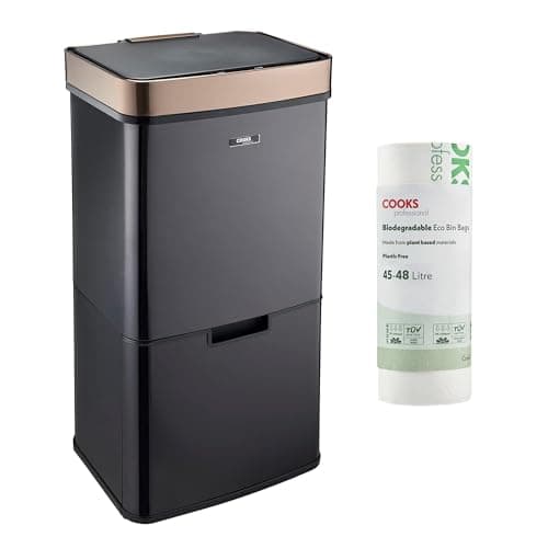 Image of Cooks Professional Recycling Sensor Bin 75L with Dual Compartments and Removable Food Caddy for Kitchen | Smart Automatic Brushed Metal Bins | Includes 25 Biodegradable Bin Bags | Black & Copper