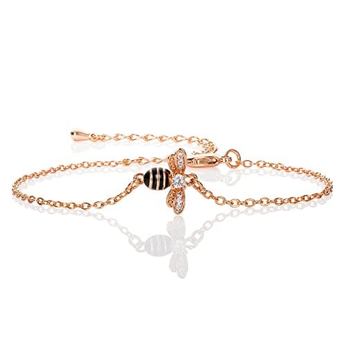 Image of namana Rose Gold Plated Bumble Bee Bracelet for Women and Girls. Cute Rose Gold Bracelet with Cubic Zirconia and Black Enamel. Rose Gold Bumble Bee Jewellery Gift