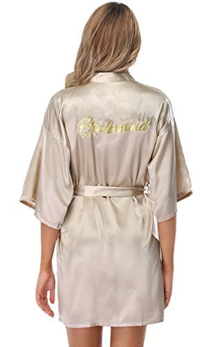 Image of Vlazom Women's Satin Kimono Robe Bridesmaid Party Robes, Bride Morning Robes with Gold Glitter, B-dark Champagne for Bridesmaid,XL(UK 18-20)
