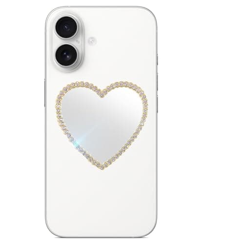 Image of LUVI Bling Phone Mirror Stick on Back Phone Charm Sticker Glitter Diamond Makeup Selfies Alloy Glassy Clear Mirror Decal for Cellphone for Women Girls Heart-Gold
