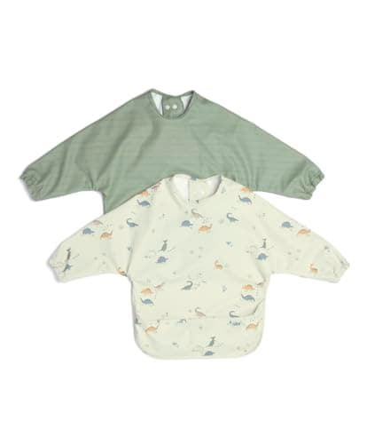 Image of Mamas & Papas 2-Pack Waterproof Long Sleeved Messy Baby Bibs, Ideal for Weaning for 6-18 Months - Dino Stripe