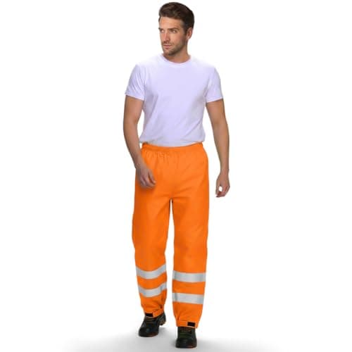 Image of AUYAO Men Hi Vis Trousers Reflective Safety Rain Pants Waterproof Rain Trousers Reflective Joggers High Visibility Overtrousers Unisex Reflective Tape Workwear Bottoms Pants(Fluorescent Orange-L)