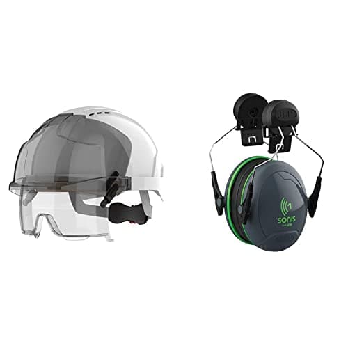 Image of JSP - EVO VISTAlens Safety Helmet with Integrated Eyewear - Vented, White/Smoke & Sonis 1 Helmet Mounted Ear Defenders - SNR 26 - (AEB010-0CY-800)