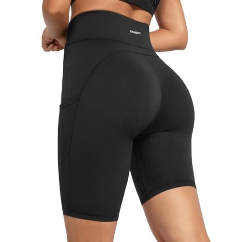 Image of CAMBIVO Women's Cycling Shorts, High Waist Sports Shorts with Pockets, Tummy Control, Black, Size L