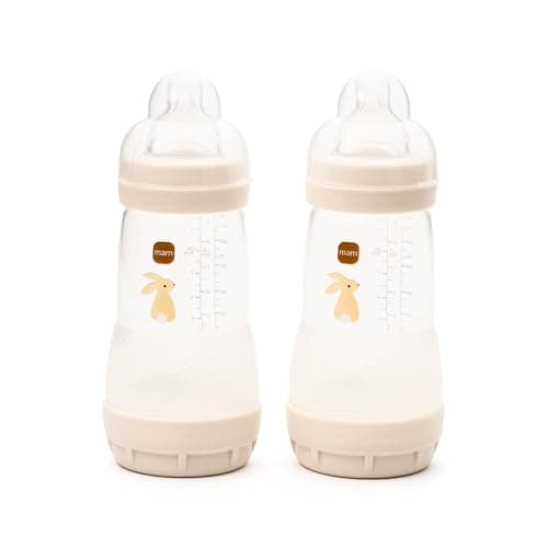 Image of MAM Easy Start Anti-Colic Baby Bottles | 2 Pack (2 x 260ml) | Self-Sterilising Baby Milk Bottle | Medium Flow MAM Teat Size 2 | Newborn Essentials | Linen (Various Designs)