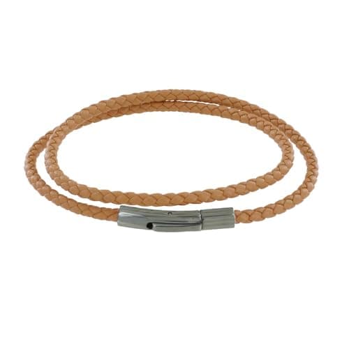 Image of LES POULETTES BIJOUX - Women's Bracelet Double Turn Leather Braided Round For 18cm Wrist - Beige