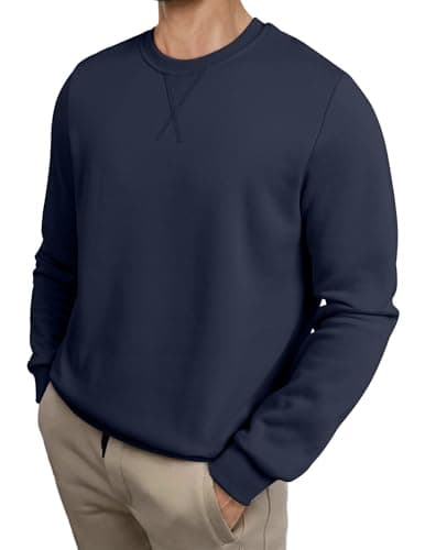 Image of Meilicloth Mens Sweatshirts Fleece Pullover Crewneck Soild Color Basic Cotton Jumper Long Sleeve Top Navy Blue