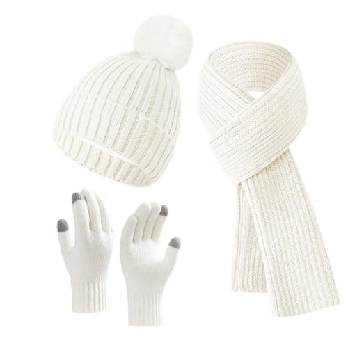 Image of 3-Piece Winter Set for Cold Weather, Windproof Thermal Knit Beanie Scarf and Touchscreen Gloves（White）