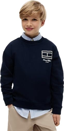 Image of Tommy Hilfiger Boy's Outline Flag Graphic Sweatshirt KB0KB10594 Pullover Sweatshirt, BLUE (Dark Night Navy), 12 Years