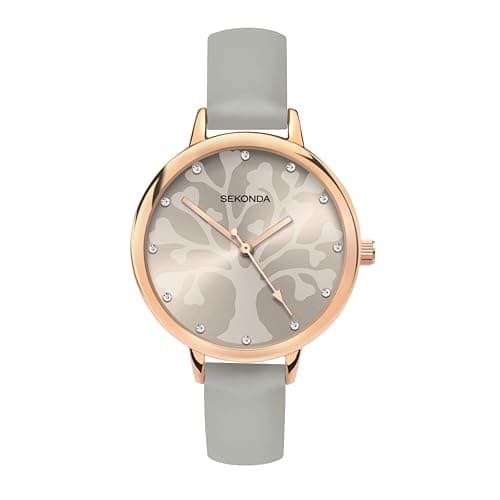 Image of Sekonda Womens 35mm Analogue Classic Quartz Watch with Rose Gold Case Tree Patterned Dial with Stone Set Markers and Grey PU Strap