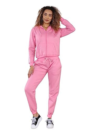 Image of WOOD QUAIL Women Ladies Side Stripes Tracksuits Zipper Hoodie and Tracksuit Joggers Activewear Sports & Casual Wear Sets UK Size (Pink, L)