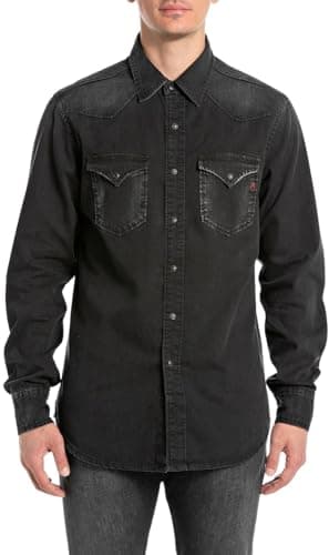 Image of Replay Men's Regular Fit Denim Shirt, 099 Black Delavè, L