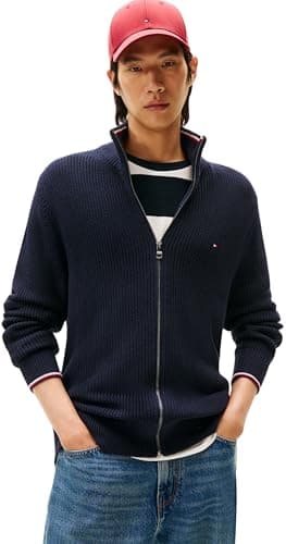Image of Tommy Hilfiger Men’s Zip Through Ribbed Jumper with Stand Collar, Blue (Desert Sky), M