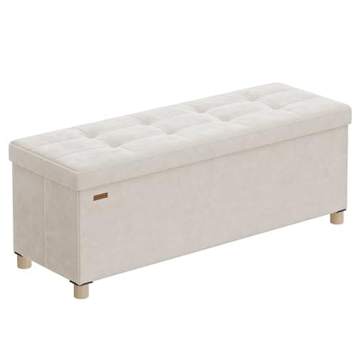 Image of SONGMICS Storage Ottoman, 38 x 110 x 40 cm, Folding Storage Bench with Lid, Footstool, Footrest, 112 L, Velvet Surface, for Bedroom, Hallway, Living Room, Cappuccino Beige LSF0518W03