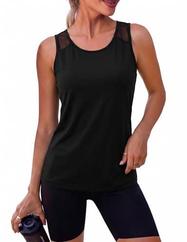 Image of Wayleb Black Vest Tops for Women Round Neck Sleeveless Lightweight Breathable Tops with Mesh Shoulder Panels for Gym Workout Running Activewear Black S-3XL