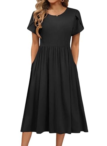 Image of HOTOUCH Dress Women Elegant Round Neck Dresses Short Sleeve Tunic Dress Casual A Line Dresses Classic Midi Dress with Pockets Black M