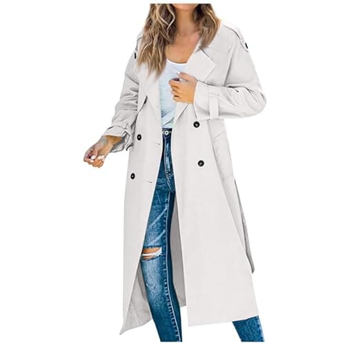 Image of Trench Coats for Women Uk, Long Trench Coat for Women with Belt Lightweight Double-Breasted Duster Trench Coat Slim Fit Size 8 10 12 14 16,White,L,U459K
