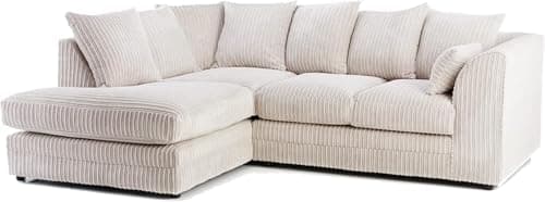 Image of SofaSelection Spacious Jumbo Cord Left Hand Corner Sofa, Soft Cord Fabric L-Shaped Couch with Deep-Filled Scatter Back Cushions, 4-5 Seater Family Living Room Suite (Cream)