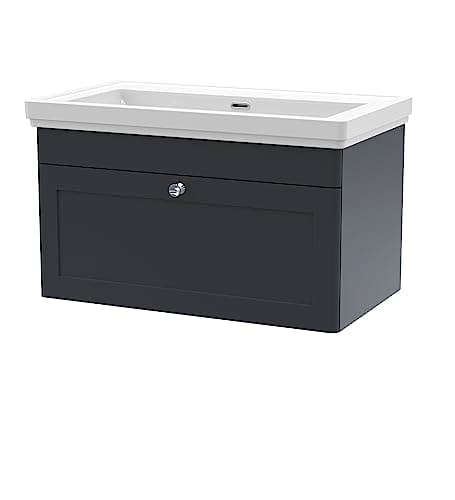 Image of nuie CLC1496H Classique Traditional Bathroom Wall Hung 1 Drawer Vanity Unit & 0 Tap Hole Fireclay Basin, 800mm, Soft Black