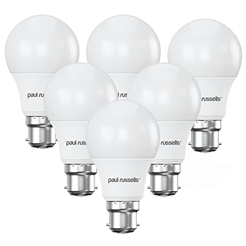 Image of paul russells LED GLS Light Bayonet Cap BC, 60w Equivalent, 8watt 806LM LED Bulbs, 6500K Daylight Lamp, Classic Frosted A60 Standard B22 Energy Saving Non-Dimmable Large Globe Lightbulbs, 6 Pack