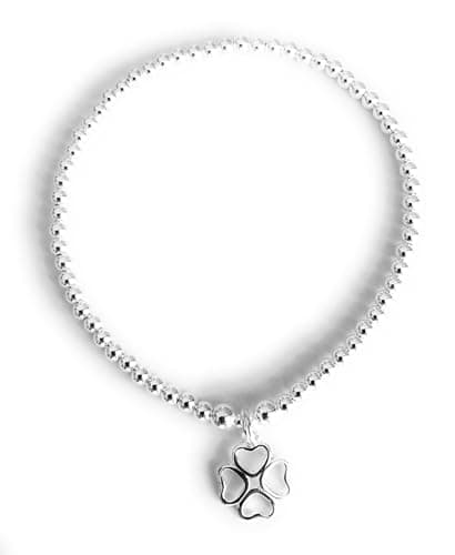 Image of Sterling Silver 925 Beaded Stretch Open Heart Four Leaf Clover Charm Bracelet