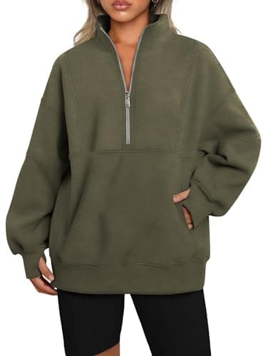 Image of Famulily Womens Half Zip Long Sleeve Top Oversized Loose Sports Pullover Sweatshirt with Pockets Army Green XL