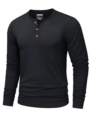 Image of TACVASEN Men's Long Sleeve T Shirt Henley Shirt Mens Cotton Casual Grandad Shirts Classic Plain Basic Tops for Work Golf Black XL