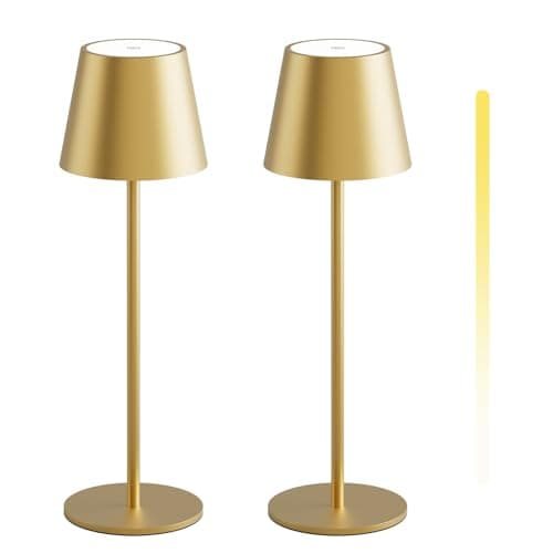 Image of K-Bright Pack of 2 LED Dimmable Battery Table Lamps, Wireless, Rechargeable, 3000K/4000K/6000K, Three Colour Temperatures, Table Lamp with USB-C, IP54 Waterproof, Gold