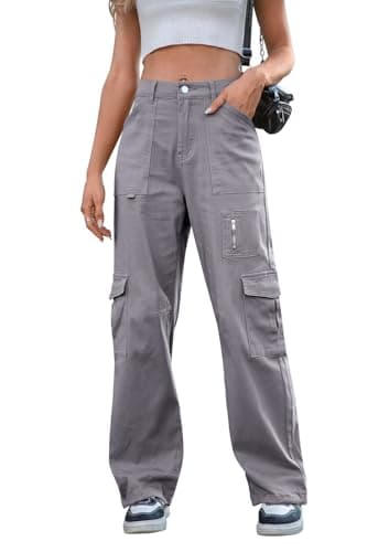 Image of IVIR Cargo Pants Women High Waist Wide Leg Casual Pants with 7 Pockets Stretchy Drawstring Baggy Y2K Trousers Grey M