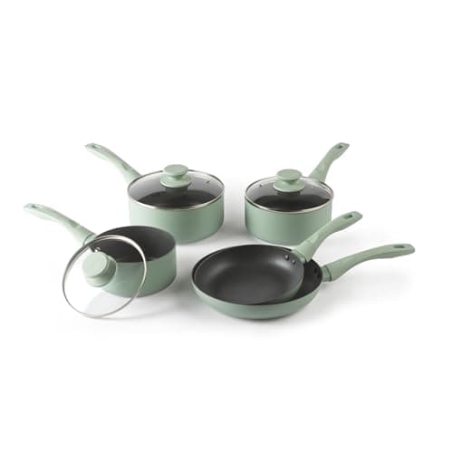 Image of Progress Neutrals 5-Piece Pan Set – Includes 20cm & 24cm Fry Pans and 16, 18 & 20cm Saucepans, Non-Stick Recycled Aluminium Body, Easy-Clean Design, Tempered Glass Lids with Steam Vents