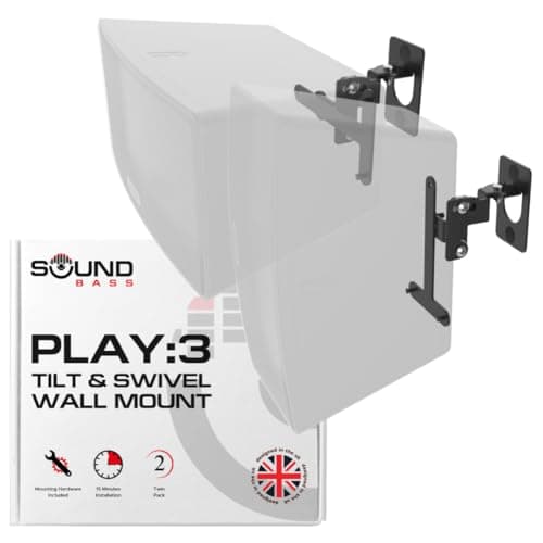 Image of Sound bass Play 3 Wall Mount Black Pair Compatible with Sonos Play:3 Only, Twin Pack, Adjustable Swivel & Tilt Mechanism, 2 Mounting Brackets Includes All Fixings