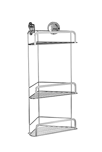 Image of Croydex Stick 'N' Lock Three Tier Corner Shower Caddy - Shower Shelf No Drilling Bathroom Storage Solution with Sticky Pad Easy-Clean 5 Year Rust-Free Guarantee with Chrome Plated Mild Steel