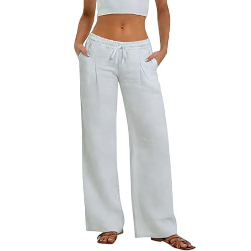 Image of Linen Trousers Womens Elastic Waist Wide Leg Summer Trousers With Pockets Fashion High Waisted Palazzo Holiday Beach Pants Ladies Lounge Bottoms Casual Work Yoga Cotton Linen Pants Women's Clothing