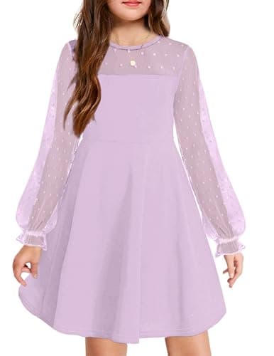 Image of Arshiner Girls Dress Plain Puff Long Sleeve Skater Dress Party Birthday Dress with 2 Side Pockets Casual Dresses Purple 150 11-12 Years
