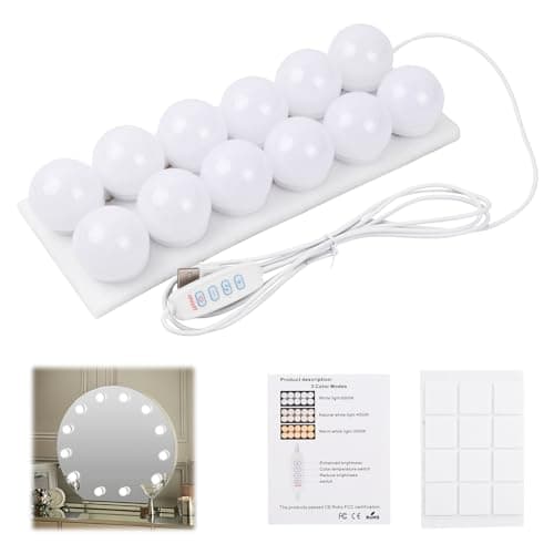 Image of Pagezol Vanity Mirror Lights Kits, 12 Bulbs Hollywood Style LED Makeup Lights with USB Cable, 3 Colour Changing & 9-Level Brightness, Make up Light for Dressing Table Room, Bathroom