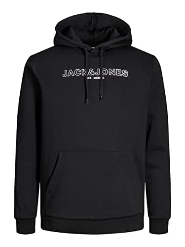 Image of JACK & JONES Mens Hoodie Regular Fit Hooded Sweatshirt Kangaroo Pocket Long Sleeve Hoodies for Men UK, Black Colour, Size- S